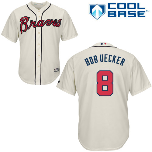 Men's Majestic Atlanta Braves #8 Bob Uecker Replica Cream Alternate 2 Cool Base MLB Jersey