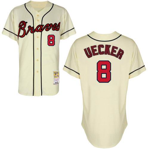 Men's Mitchell and Ness Atlanta Braves #8 Bob Uecker Replica Cream Throwback MLB Jersey