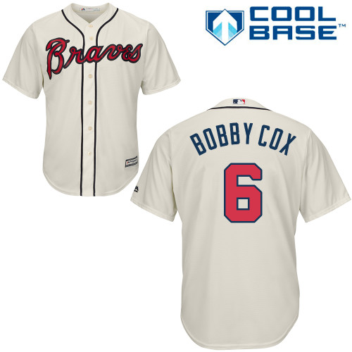Men's Majestic Atlanta Braves #6 Bobby Cox Replica Cream Alternate 2 Cool Base MLB Jersey