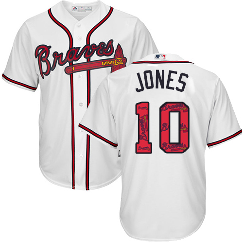 Men's Majestic Atlanta Braves #10 Chipper Jones Authentic White Team Logo Fashion Cool Base MLB Jersey
