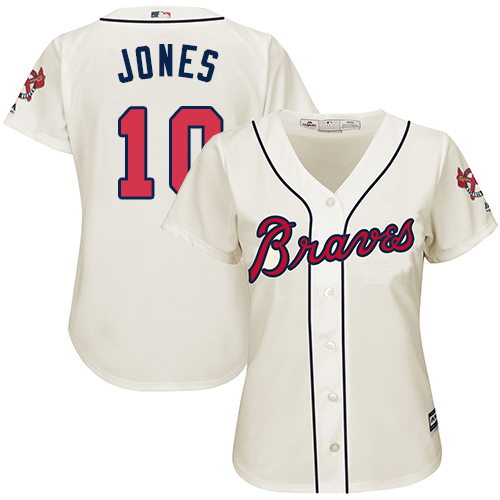 Women's Majestic Atlanta Braves #10 Chipper Jones Authentic Cream Alternate 2 Cool Base MLB Jersey