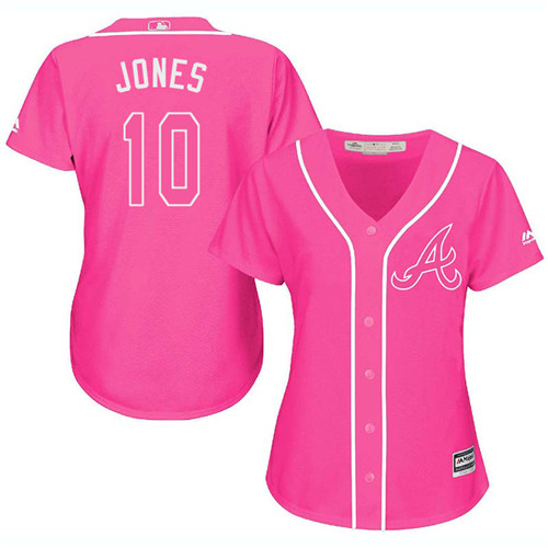 Women's Majestic Atlanta Braves #10 Chipper Jones Authentic Pink Fashion Cool Base MLB Jersey