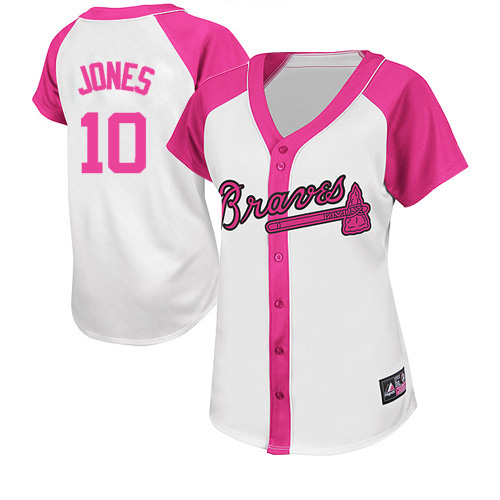 Women's Majestic Atlanta Braves #10 Chipper Jones Authentic White/Pink Splash Fashion MLB Jersey