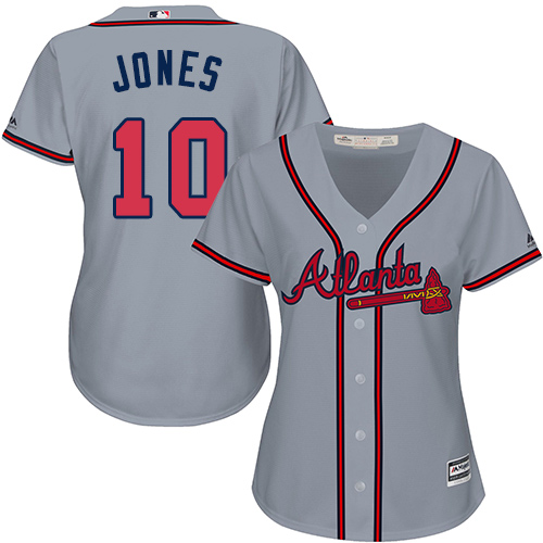 Women's Majestic Atlanta Braves #10 Chipper Jones Replica Grey Road Cool Base MLB Jersey