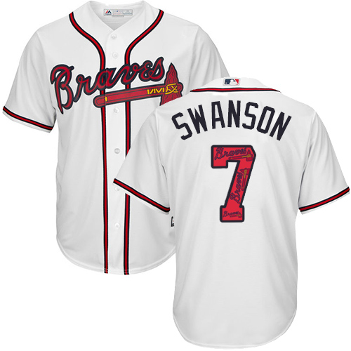 Men's Majestic Atlanta Braves #7 Dansby Swanson Authentic White Team Logo Fashion Cool Base MLB Jersey