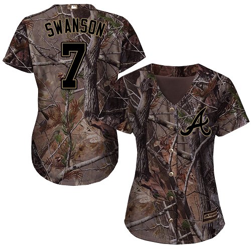 Women's Majestic Atlanta Braves #7 Dansby Swanson Authentic Camo Realtree Collection Flex Base MLB Jersey