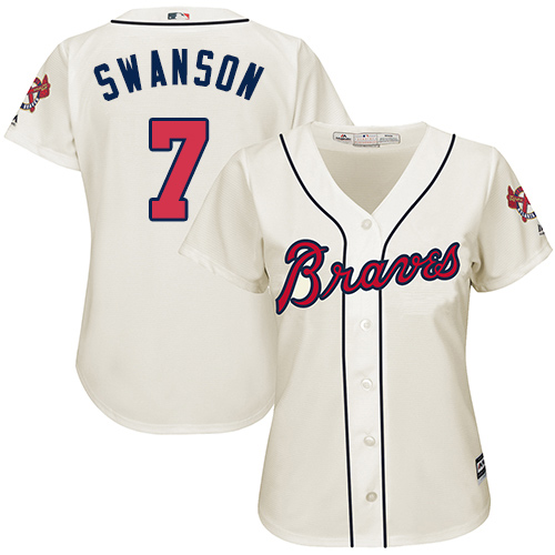 Women's Majestic Atlanta Braves #7 Dansby Swanson Authentic Cream Alternate 2 Cool Base MLB Jersey