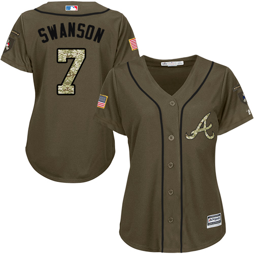 Women's Majestic Atlanta Braves #7 Dansby Swanson Authentic Green Salute to Service MLB Jersey
