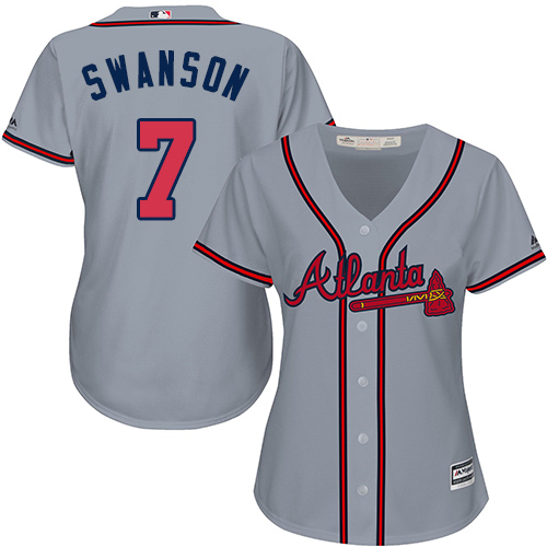 Women's Majestic Atlanta Braves #7 Dansby Swanson Authentic Grey Road Cool Base MLB Jersey