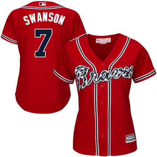 Women's Majestic Atlanta Braves #7 Dansby Swanson Authentic Red Alternate Cool Base MLB Jersey