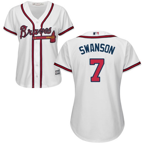 Women's Majestic Atlanta Braves #7 Dansby Swanson Authentic White Home Cool Base MLB Jersey