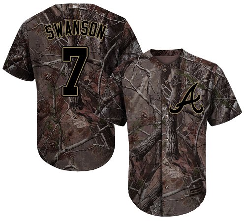 Youth Majestic Atlanta Braves #7 Dansby Swanson Authentic Camo Realtree Collection Flex Base MLB Jersey