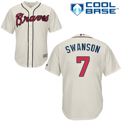 Youth Majestic Atlanta Braves #7 Dansby Swanson Authentic Cream Alternate 2 Cool Base MLB Jersey