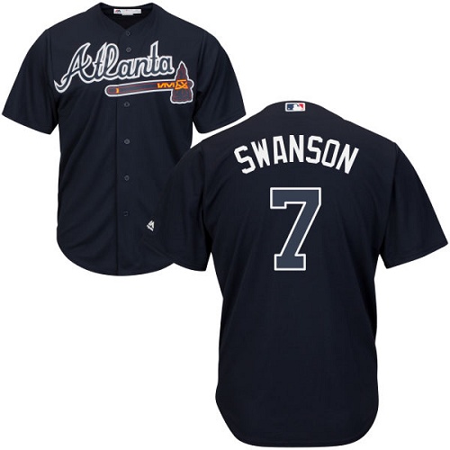 Youth Majestic Atlanta Braves #7 Dansby Swanson Replica Blue Alternate Road Cool Base MLB Jersey