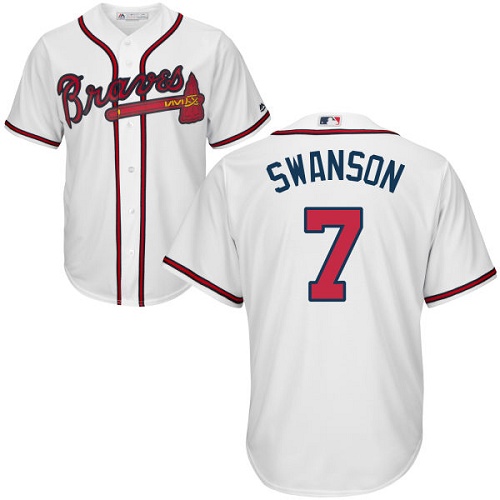 Youth Majestic Atlanta Braves #7 Dansby Swanson Replica White Home Cool Base MLB Jersey