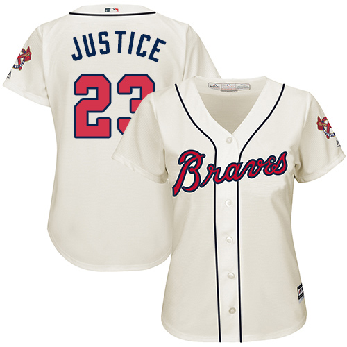 Women's Majestic Atlanta Braves #23 David Justice Replica Cream Alternate 2 Cool Base MLB Jersey