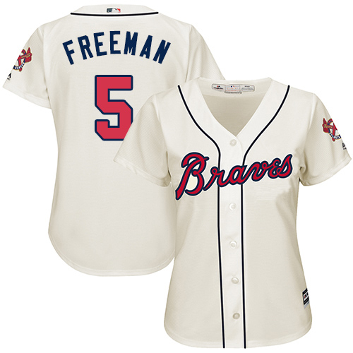 Women's Majestic Atlanta Braves #5 Freddie Freeman Authentic Cream Alternate 2 Cool Base MLB Jersey