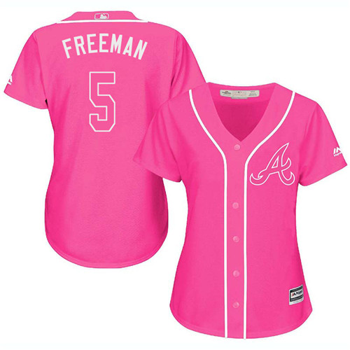 Women's Majestic Atlanta Braves #5 Freddie Freeman Authentic Pink Fashion Cool Base MLB Jersey