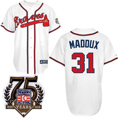 Men's Majestic Atlanta Braves #31 Greg Maddux Authentic White w/75th Anniversary Commemorative Patch MLB Jersey