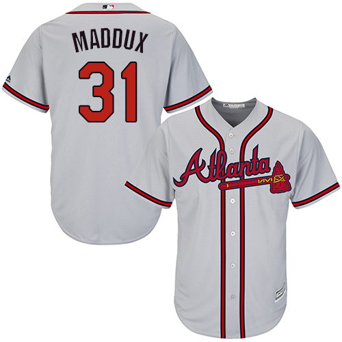 Men's Majestic Atlanta Braves #31 Greg Maddux Replica Grey Road Cool Base MLB Jersey