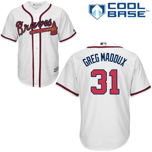 Men's Majestic Atlanta Braves #31 Greg Maddux Replica White Home Cool Base MLB Jersey