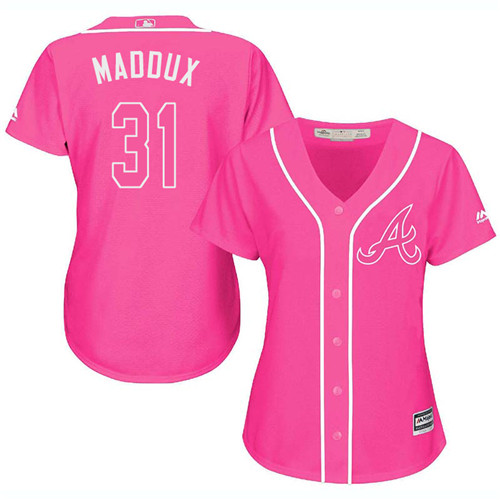 Women's Majestic Atlanta Braves #31 Greg Maddux Authentic Pink Fashion Cool Base MLB Jersey