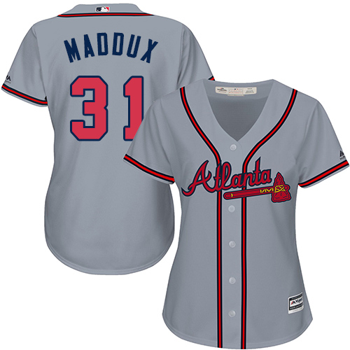 Women's Majestic Atlanta Braves #31 Greg Maddux Replica Grey Road Cool Base MLB Jersey