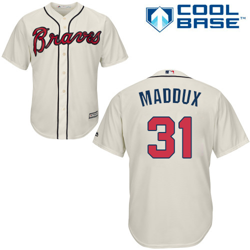 Youth Majestic Atlanta Braves #31 Greg Maddux Authentic Cream Alternate 2 Cool Base MLB Jersey