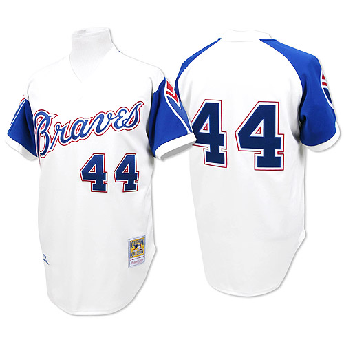 Men's Mitchell and Ness 1974 Atlanta Braves #44 Hank Aaron Replica White Throwback MLB Jersey