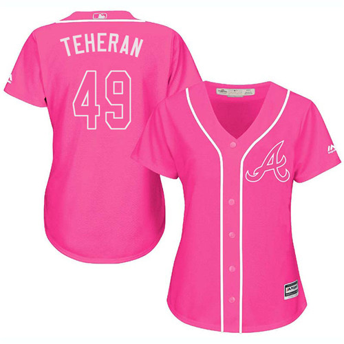 Women's Majestic Atlanta Braves #49 Julio Teheran Replica Pink Fashion Cool Base MLB Jersey