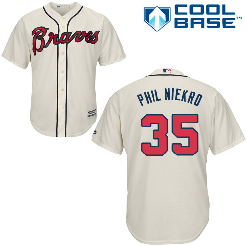 Men's Majestic Atlanta Braves #35 Phil Niekro Replica Cream Alternate 2 Cool Base MLB Jersey
