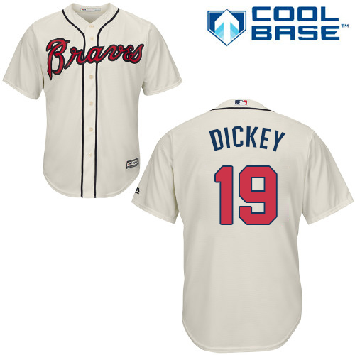 Men's Majestic Atlanta Braves #19 R.A. Dickey Replica Cream Alternate 2 Cool Base MLB Jersey