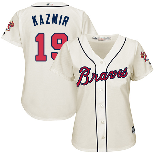 Women's Majestic Atlanta Braves #19 Scott Kazmir Authentic Cream Alternate 2 Cool Base MLB Jersey