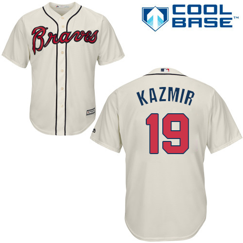 Youth Majestic Atlanta Braves #19 Scott Kazmir Replica Cream Alternate 2 Cool Base MLB Jersey