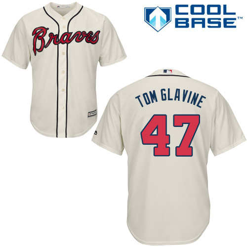 Men's Majestic Atlanta Braves #47 Tom Glavine Replica Cream Alternate 2 Cool Base MLB Jersey