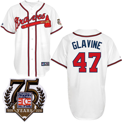 Men's Majestic Atlanta Braves #47 Tom Glavine Replica White w/75th Anniversary Commemorative Patch MLB Jersey