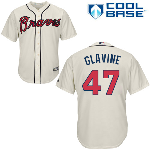 Youth Majestic Atlanta Braves #47 Tom Glavine Replica Cream Alternate 2 Cool Base MLB Jersey